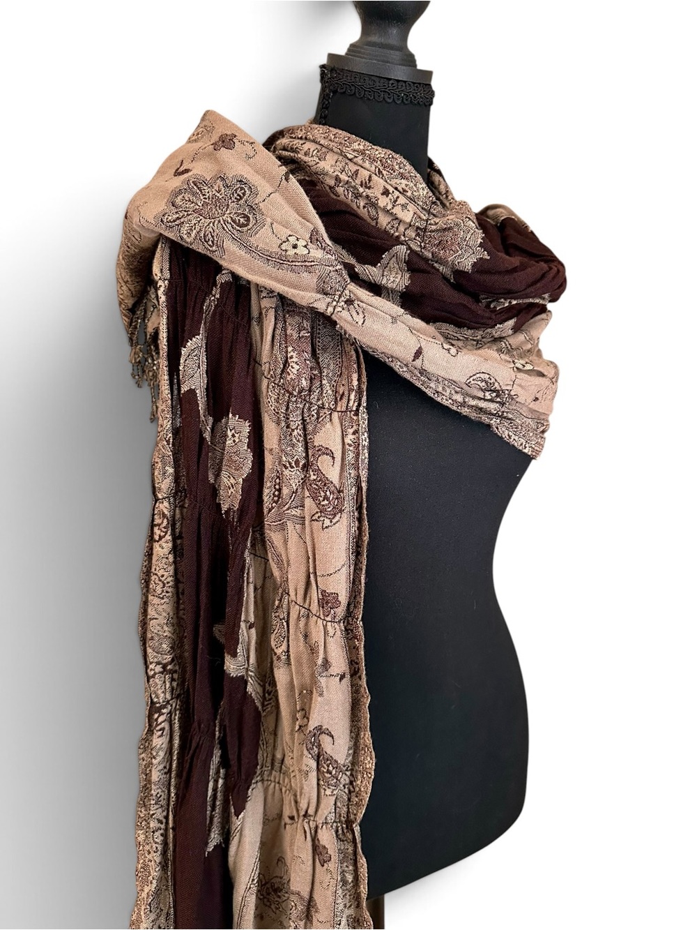 Women's Brown and Tan Paisley Wrap Scarf - Classic Neutral Accent